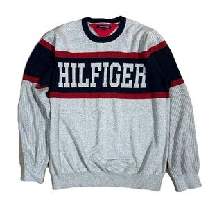 Tommy Hilfiger Men’s XL Spellout ColorBlock Sweater Gray Red Blue Stripe
